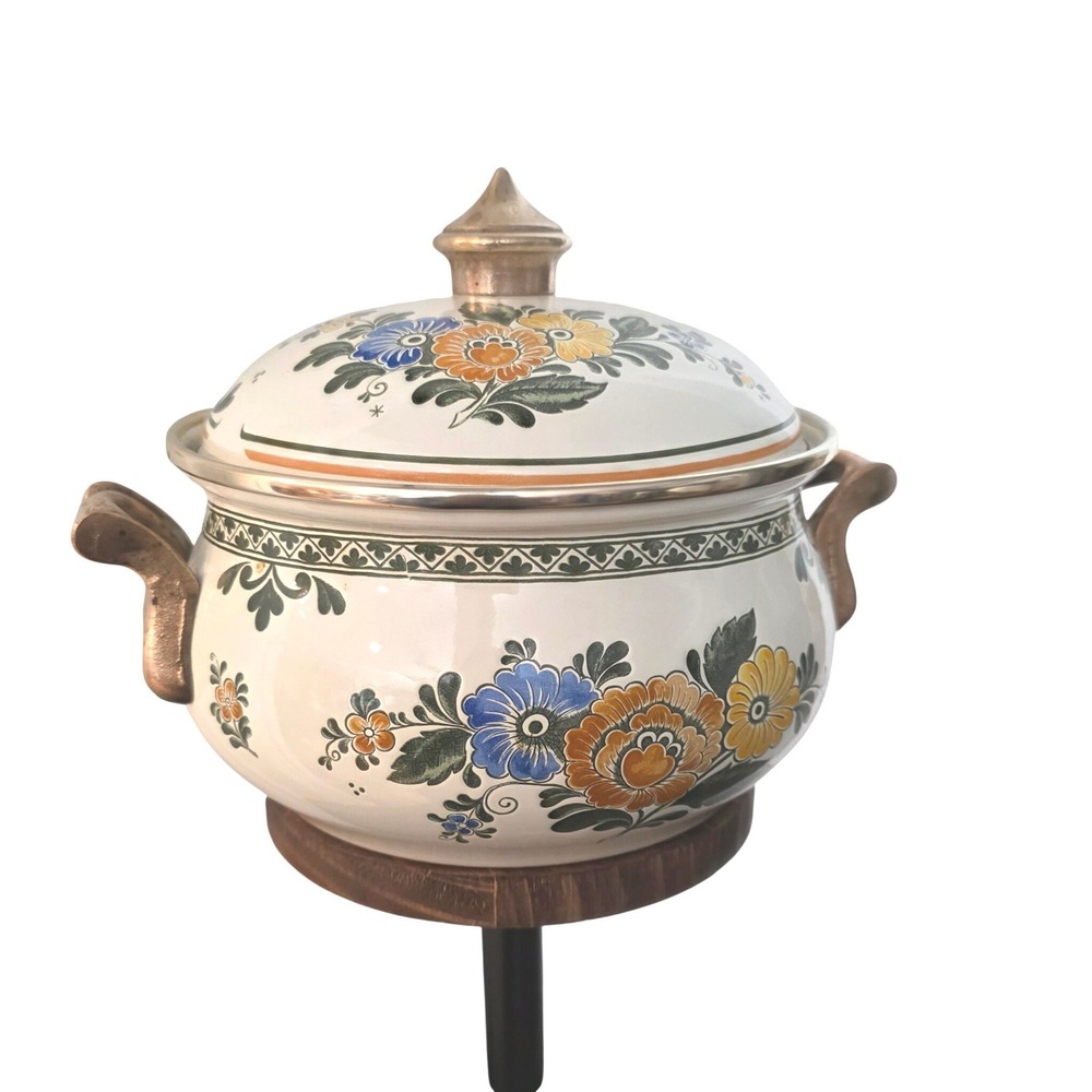 Vintage ASTA Floral Enamelware Dutch Oven Casserole Pot Lid Old Amsterdam